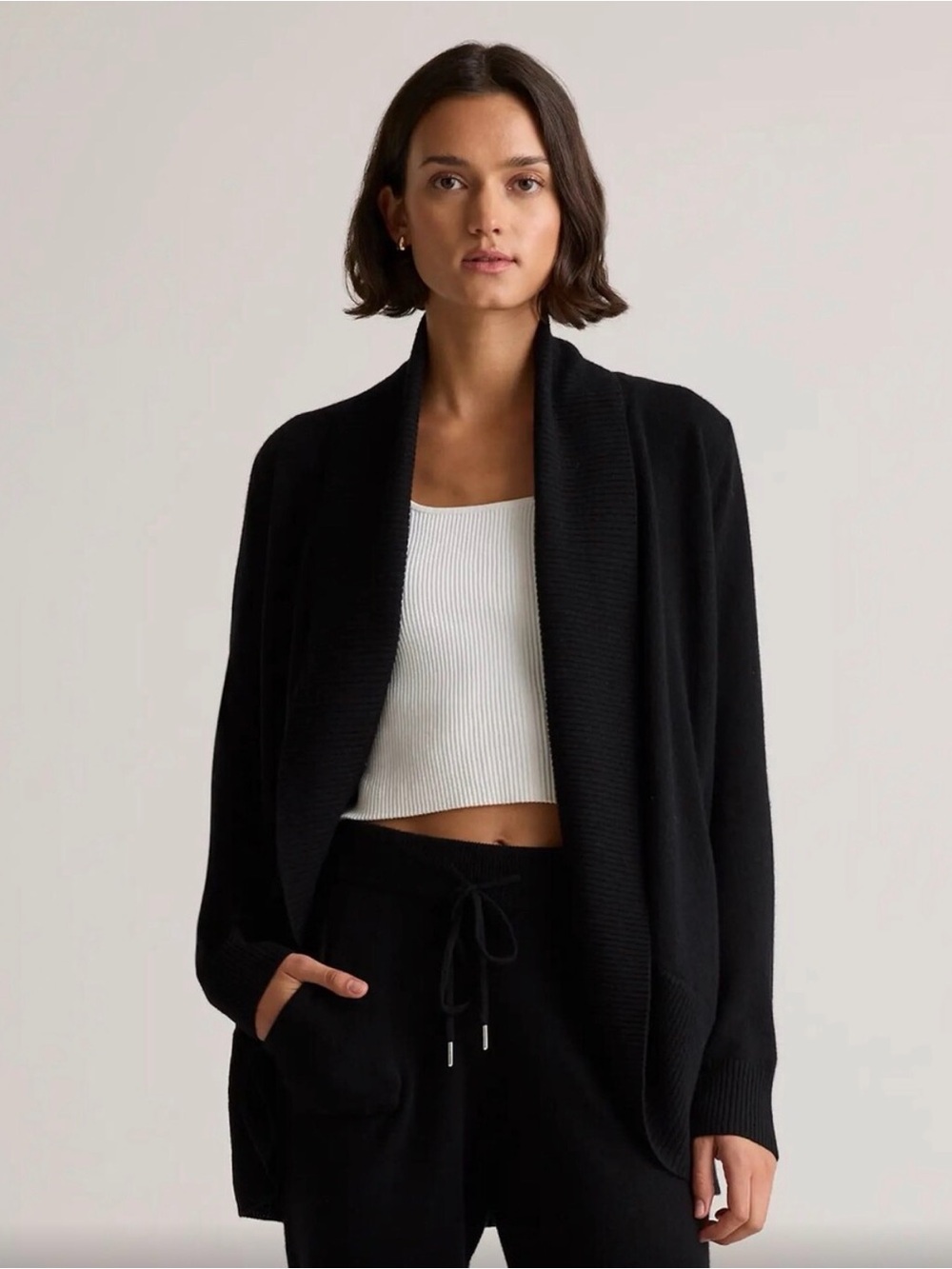 Quince Black Open-Front Shawl Collar Cardigan
